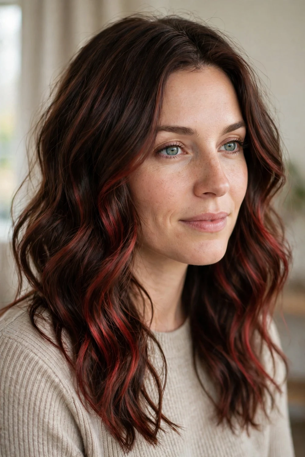 Dark wavy hair with classic cherry cola balayage, warm red streaks through waves