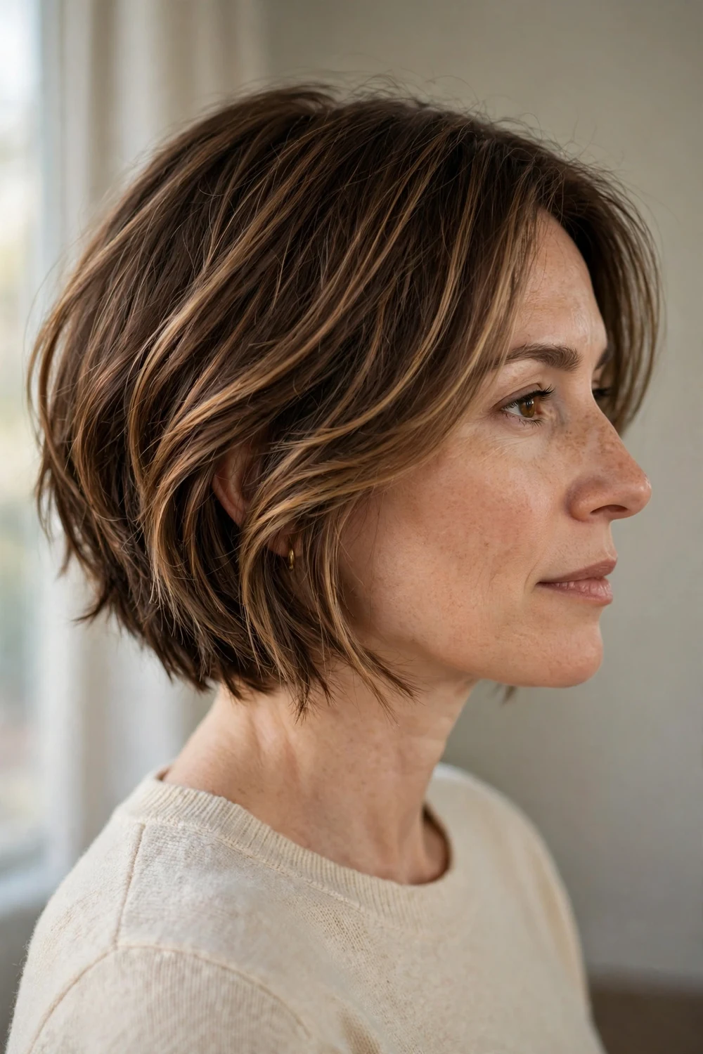 Layered short bob with caramel balayage ribbons