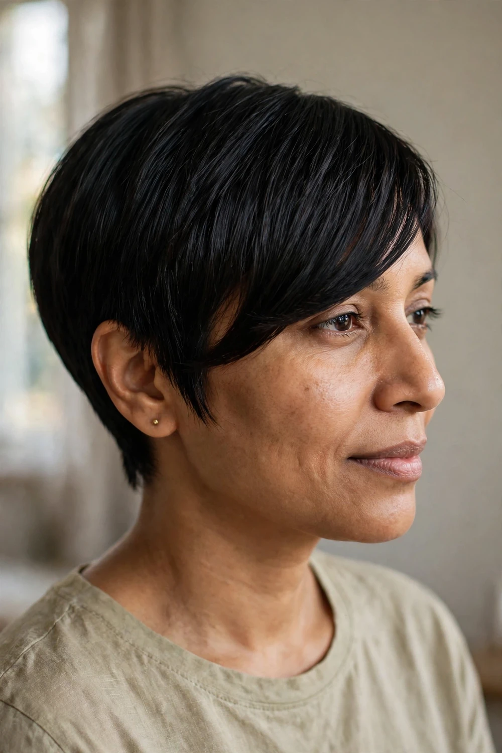 Woman with a sleek straight pixie cut with a long side-swept fringe