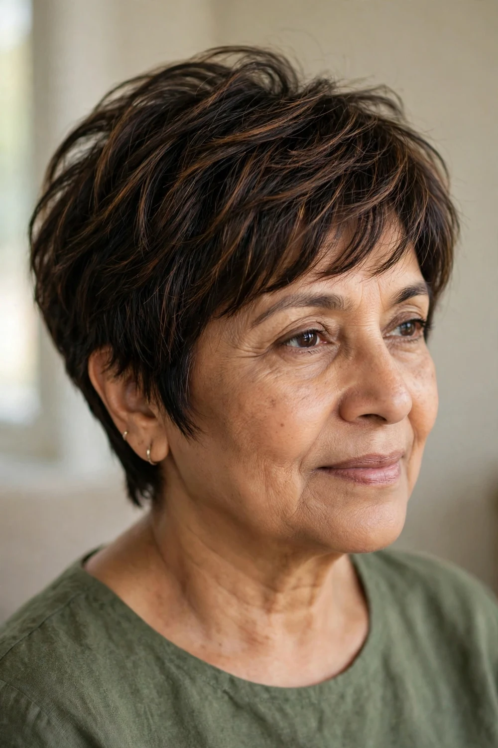 Softly layered choppy pixie with subtle highlights on fine dark hair, woman over 50