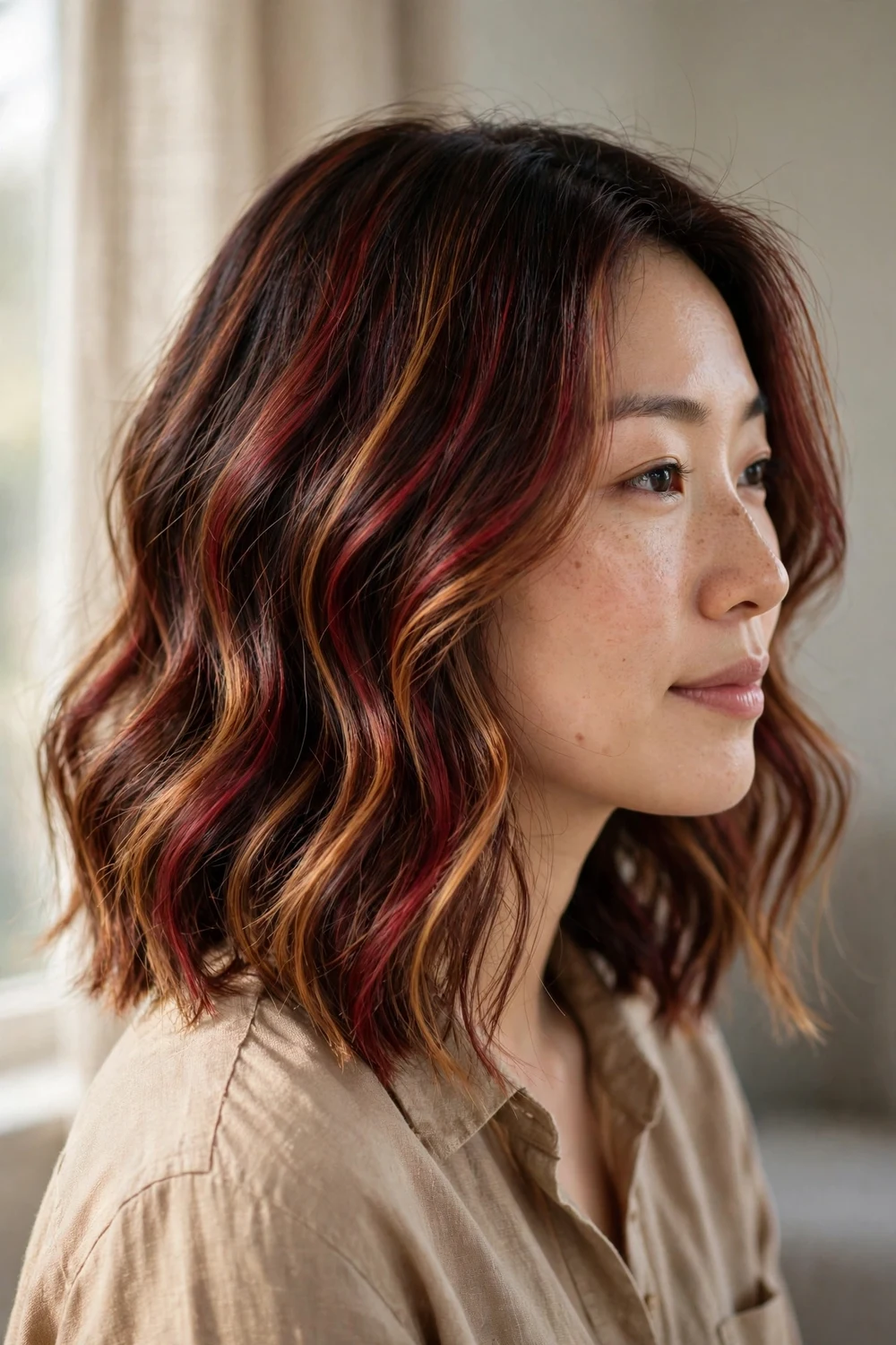 Medium-length wavy dark hair with cherry cola balayage and fine caramel accents