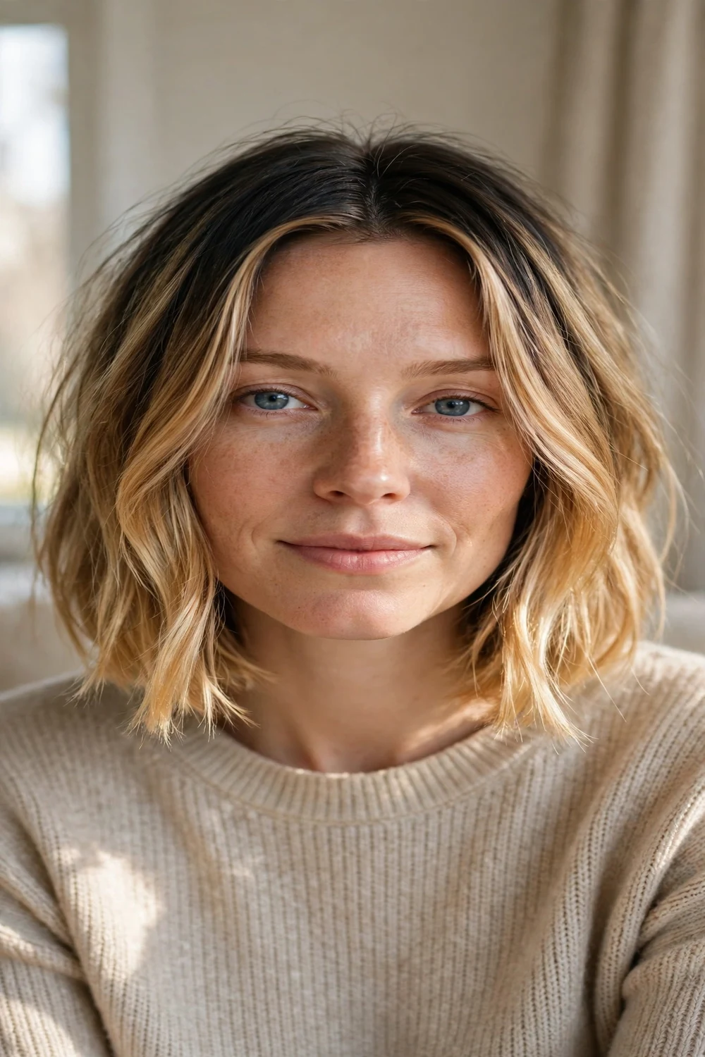 Honey blonde balayage chin-length bob