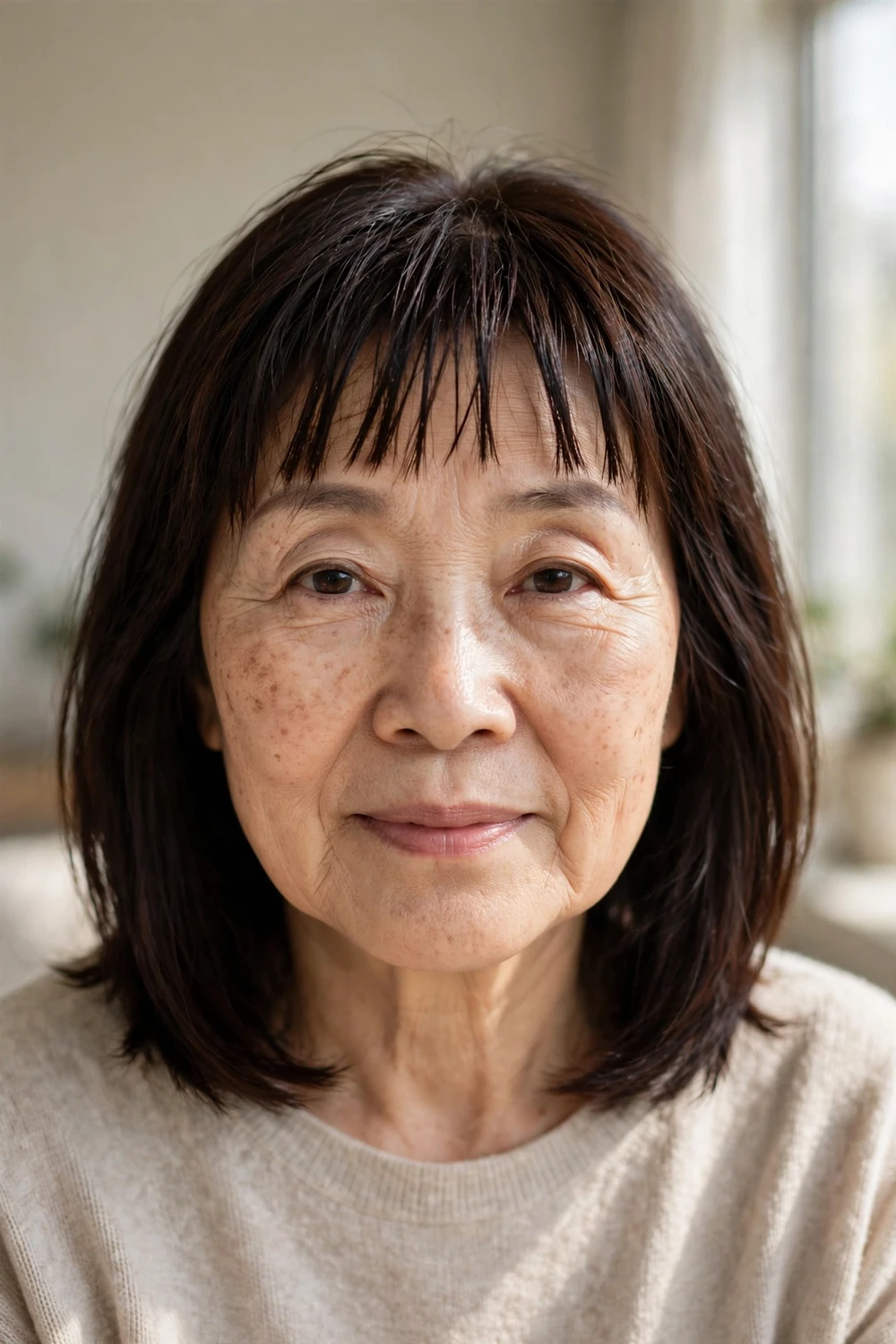 Woman over 50 with piecey separated bangs on a dark brown straight lob