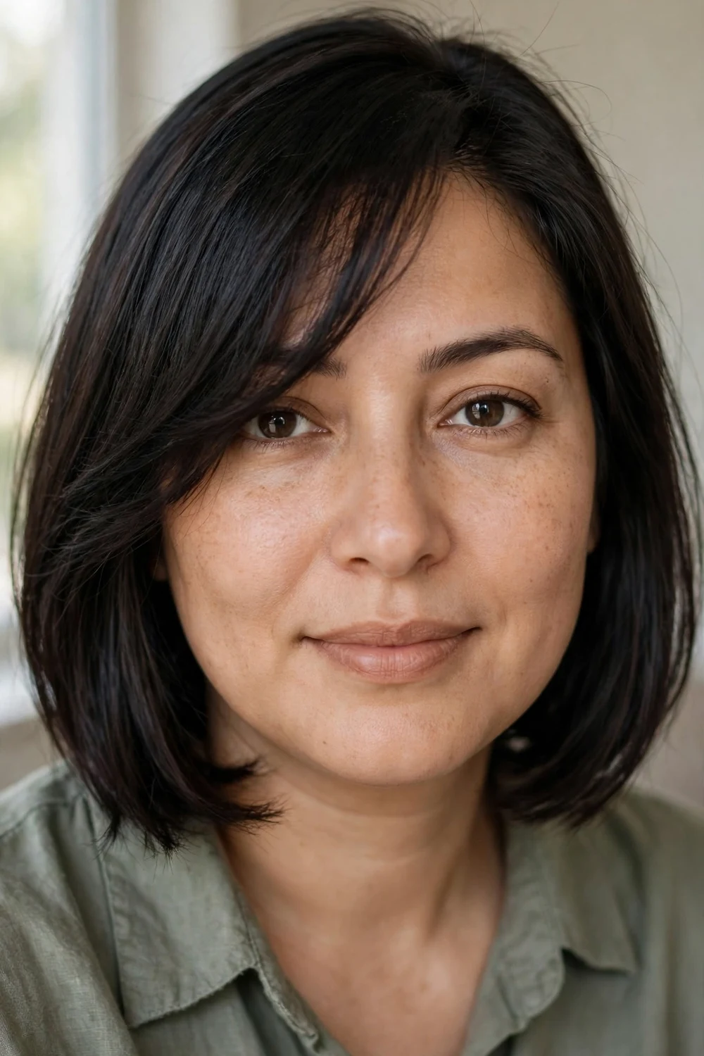 Side-swept bob with deep side part for thin hair and round face