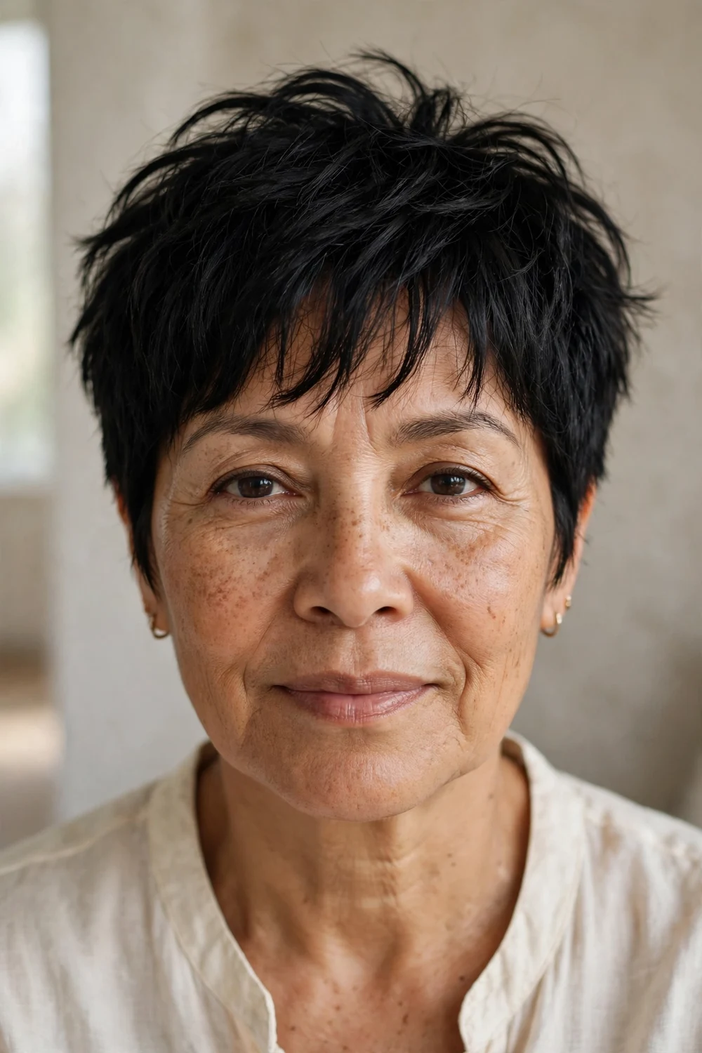 Textured choppy pixie with bangs on fine black hair, woman over 50