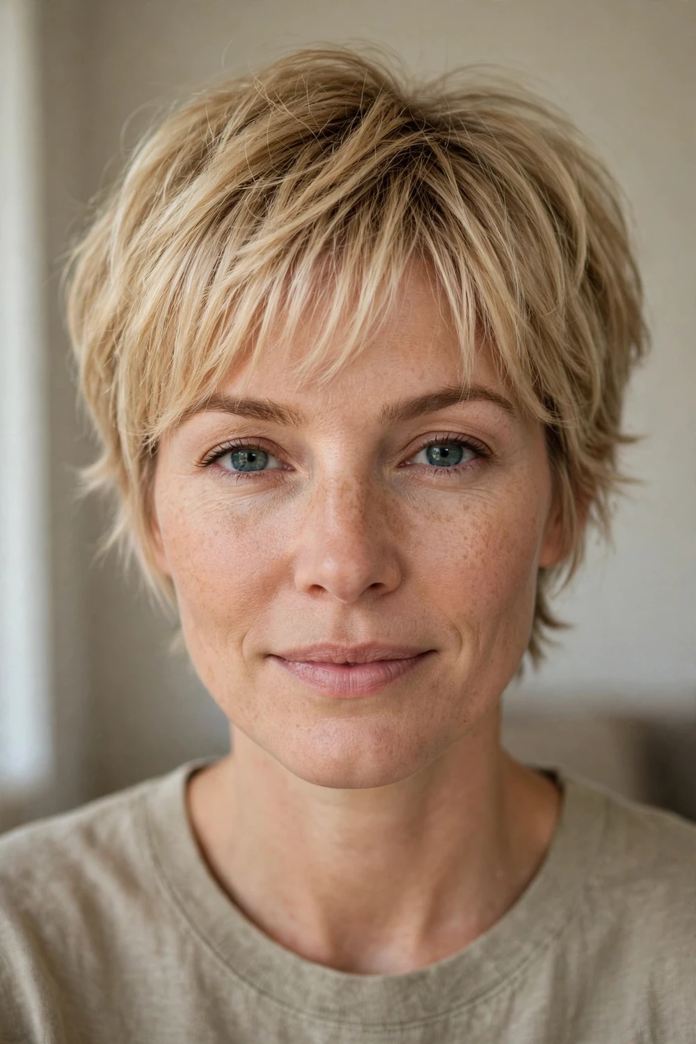 Woman with a wispy blonde pixie cut with soft wispy bangs
