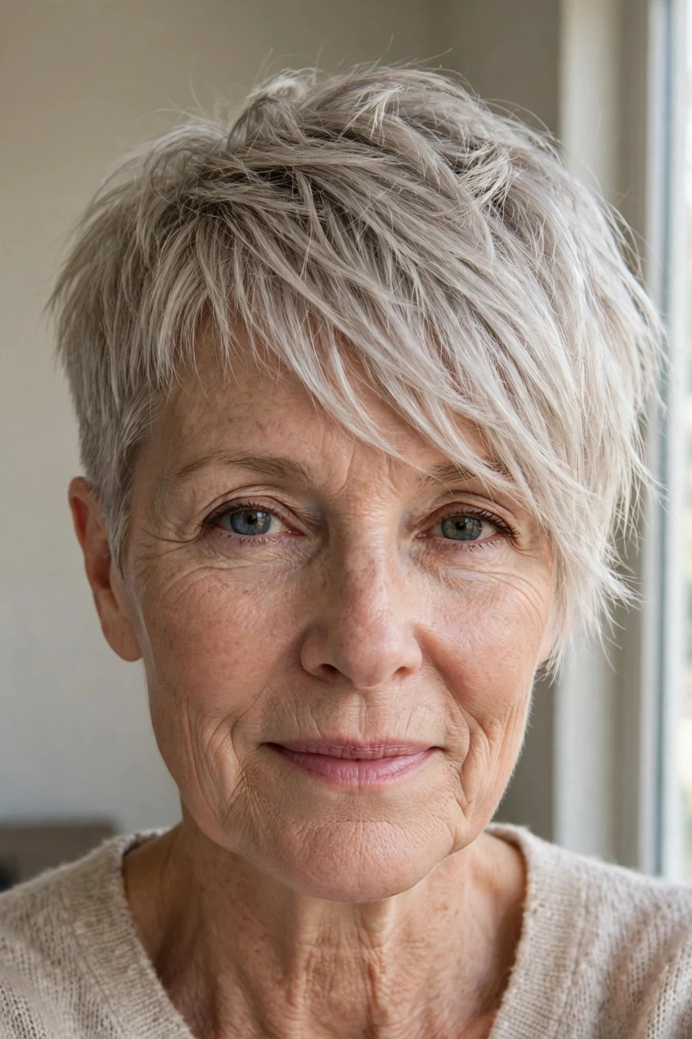 Asymmetrical choppy pixie with one side shorter on fine ash-blonde hair, woman over 50