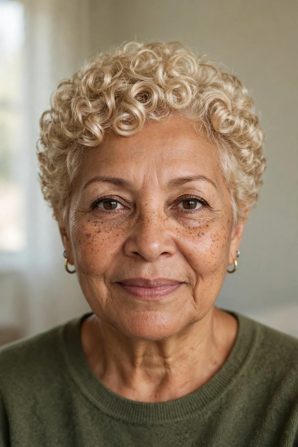 Short warm white champagne ringlets cropped close on an older woman