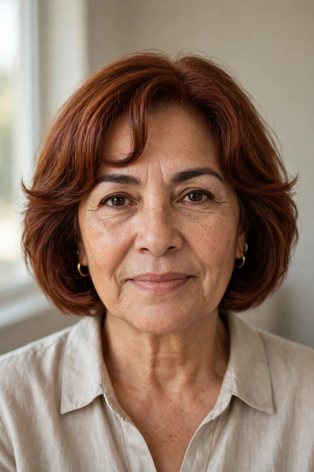 Woman over 50 with curved bangs following the brow line on an auburn bob