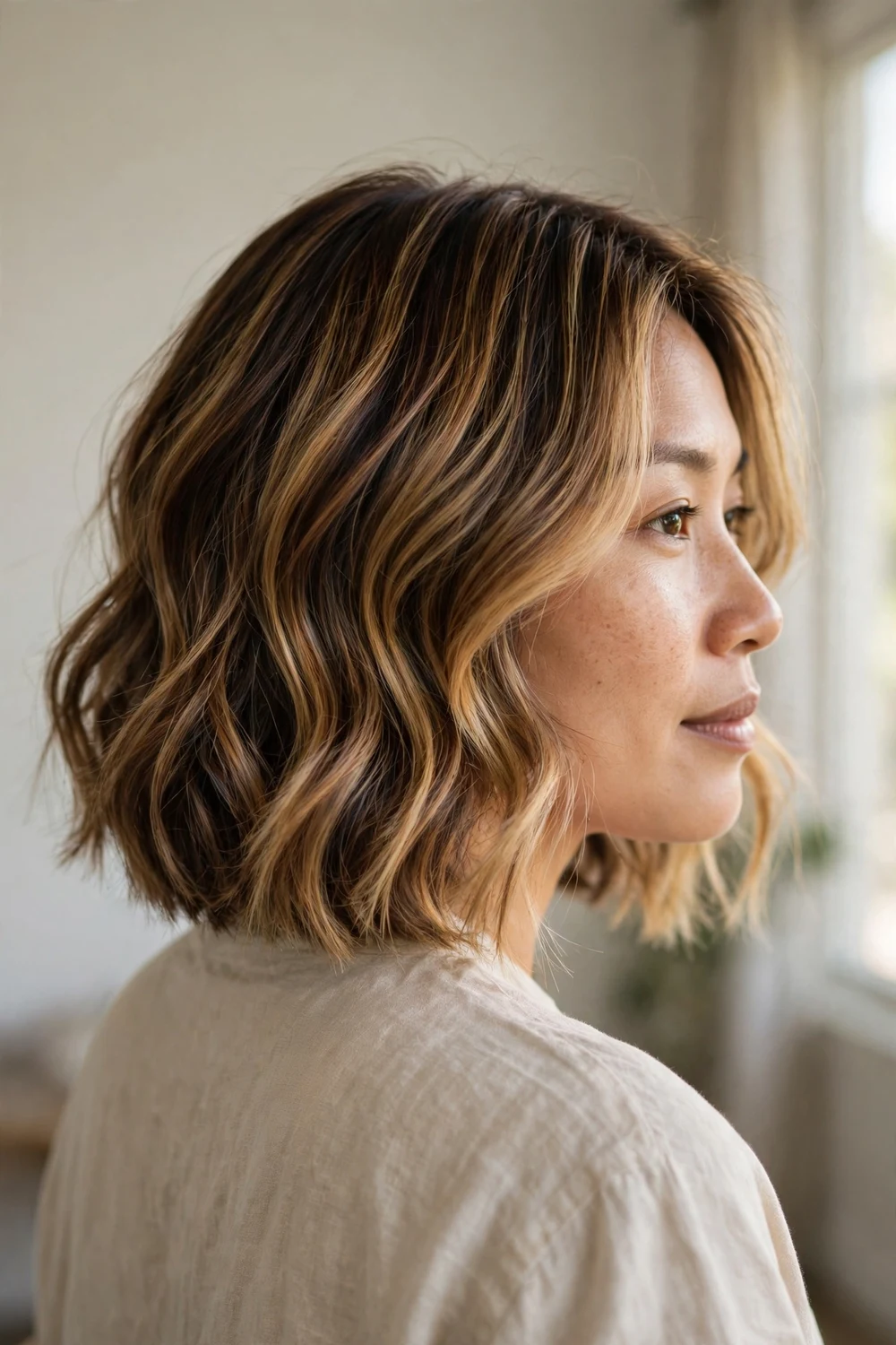 Multi-tonal balayage short bob in brown, caramel and blonde