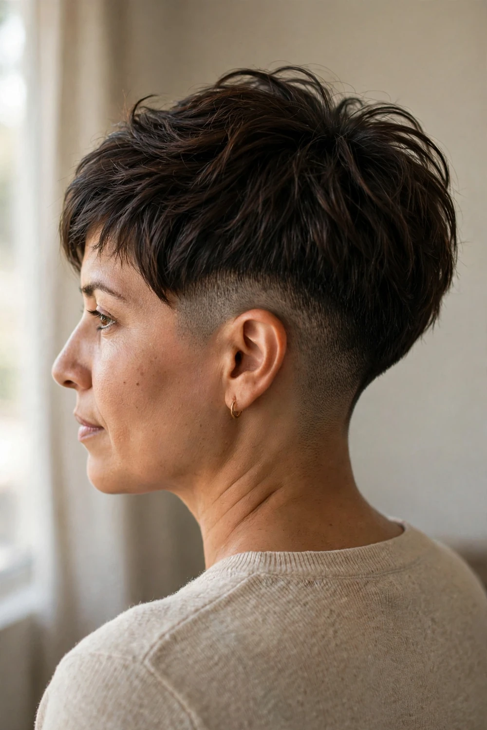 Woman with an undercut pixie cut with clipped sides and a longer textured top