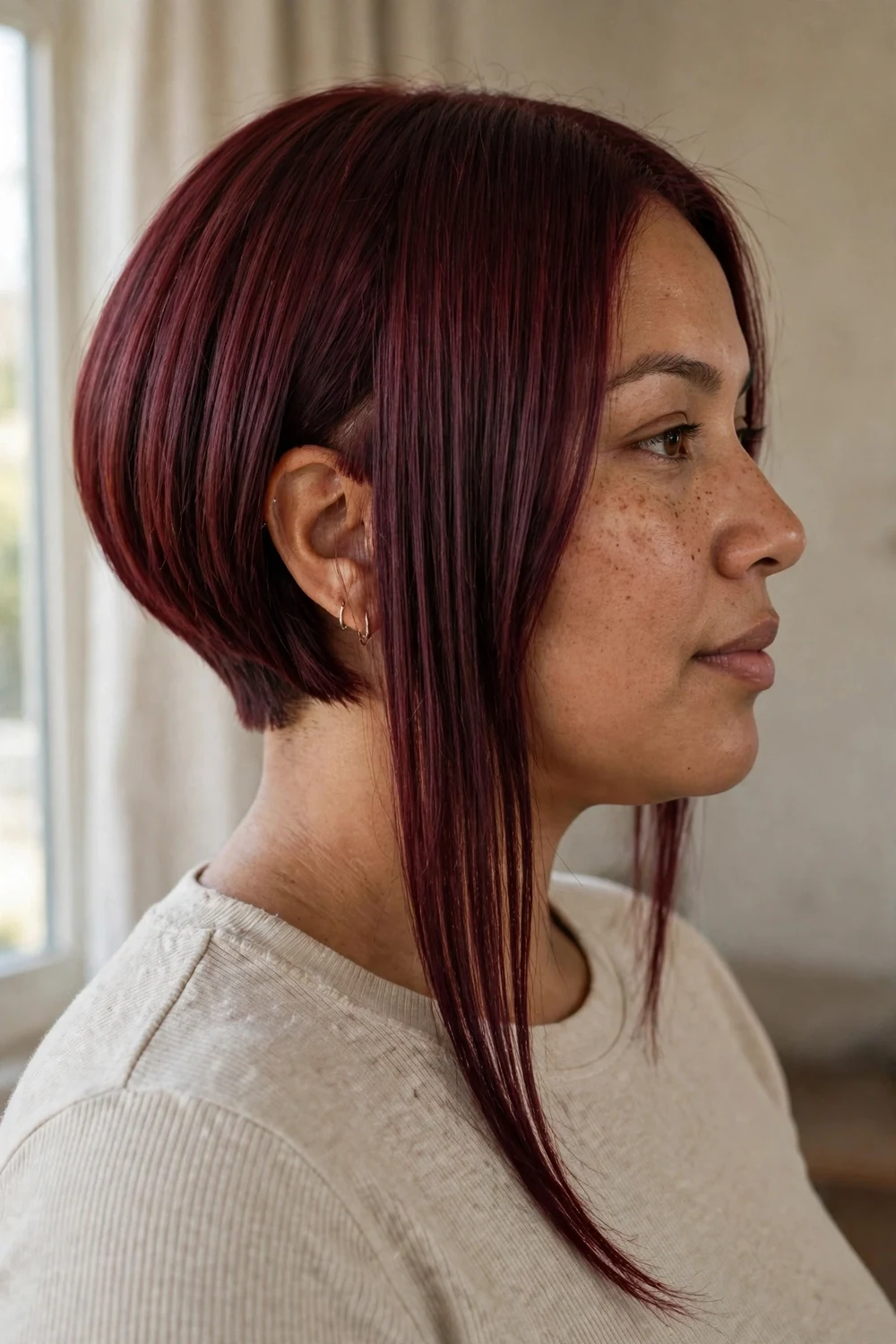 Asymmetrical bob with uneven sides for thin hair and round face