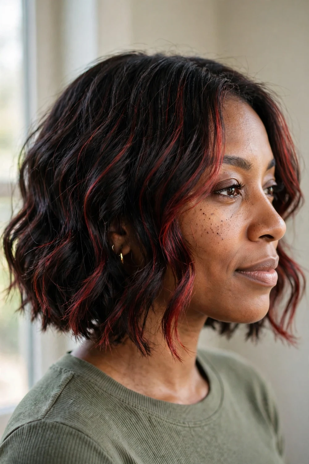 Textured wavy dark bob with fine cherry cola threads through the layers