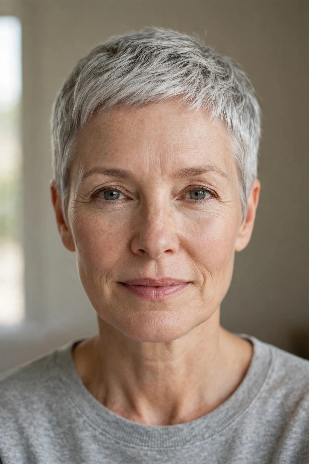Older woman with an extra-short low-maintenance silver pixie cut with soft layers on top