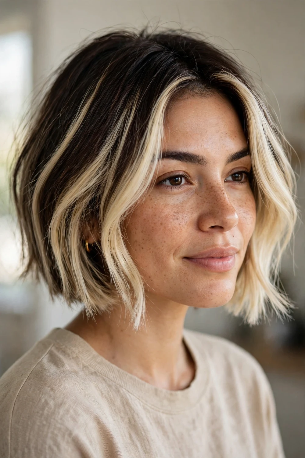 High-contrast foilayage balayage on short hair