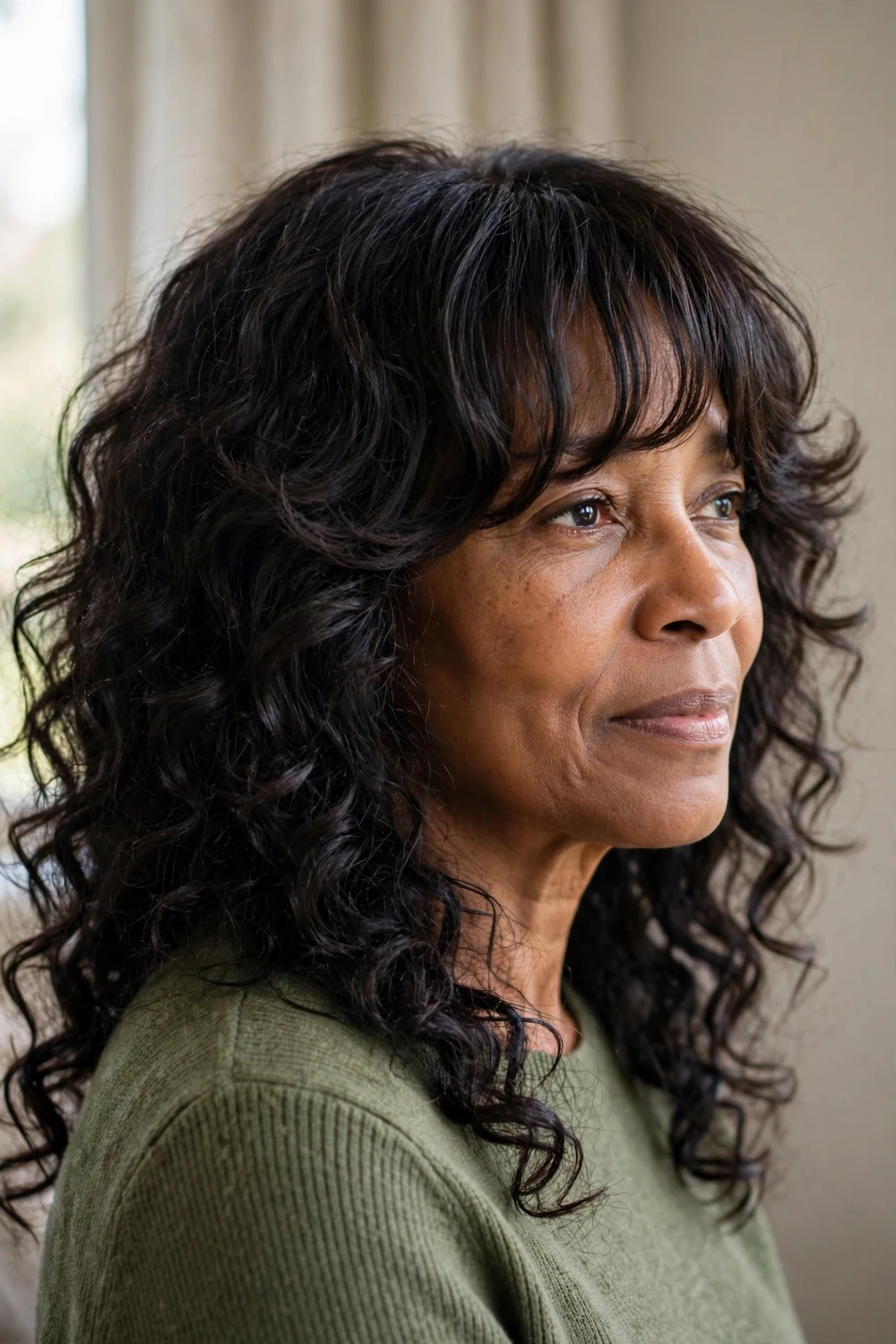 Woman over 50 with layered bangs blending into long natural curly hair