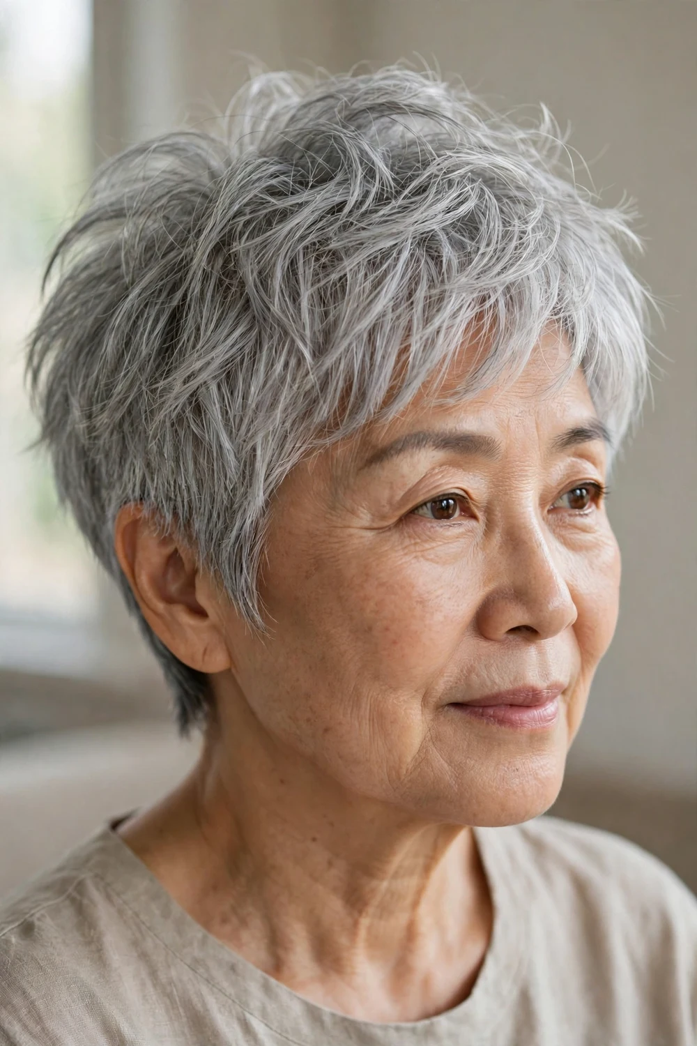 Choppy pixie with light layers on fine silver-gray hair, woman over 50