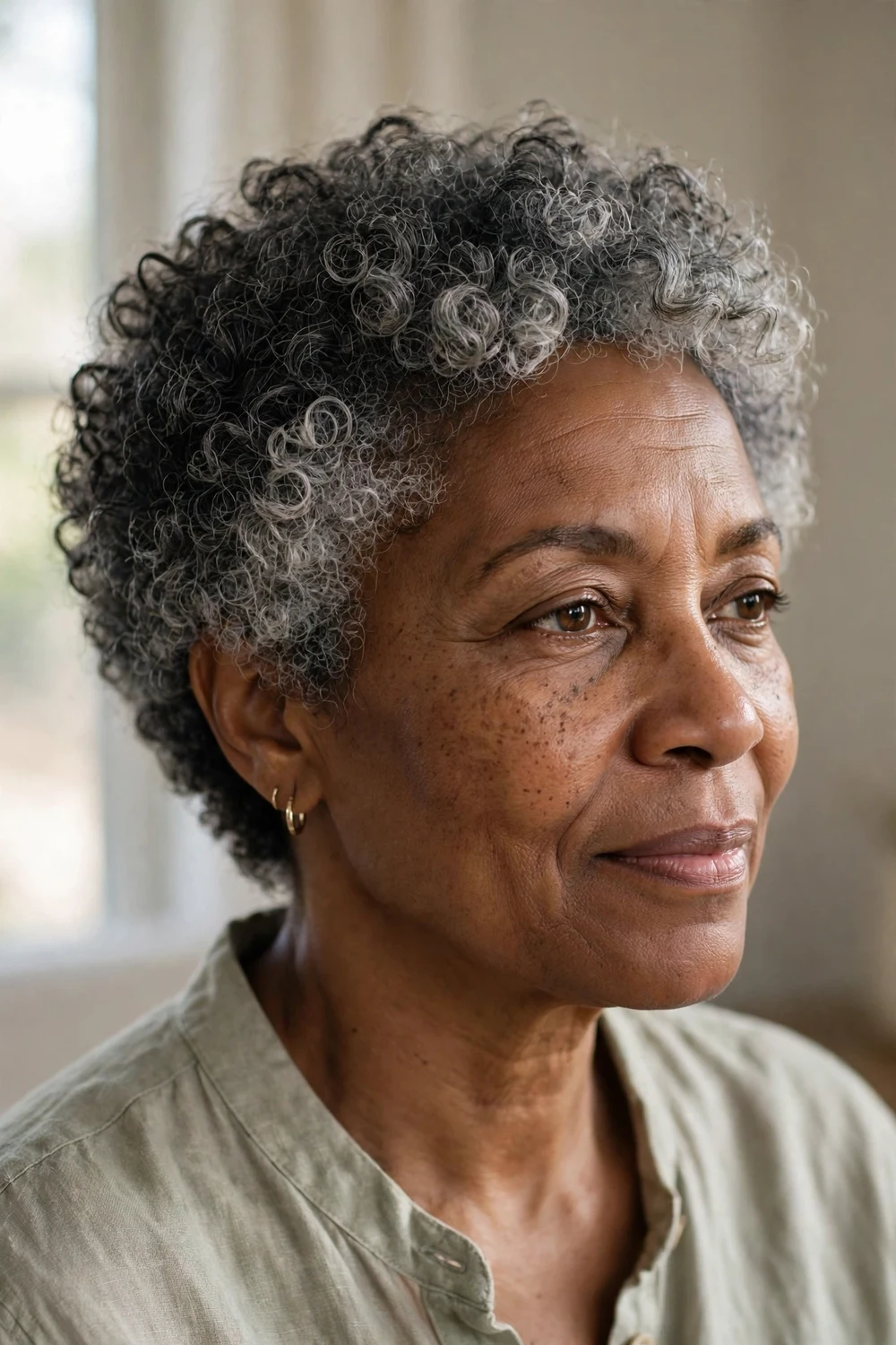 Soft ash gray curly crop hugging the cheekbones on a woman over 50