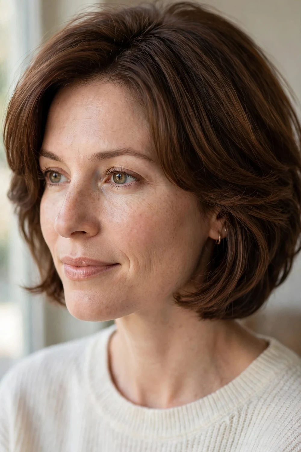 Woman with chestnut brown chin-length hair styled in a soft layered bob with rounded shape and full crown