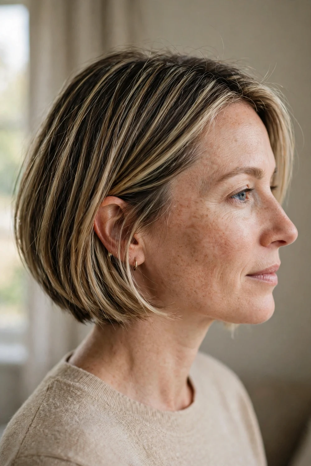 Baby lights balayage short bob with subtle highlights