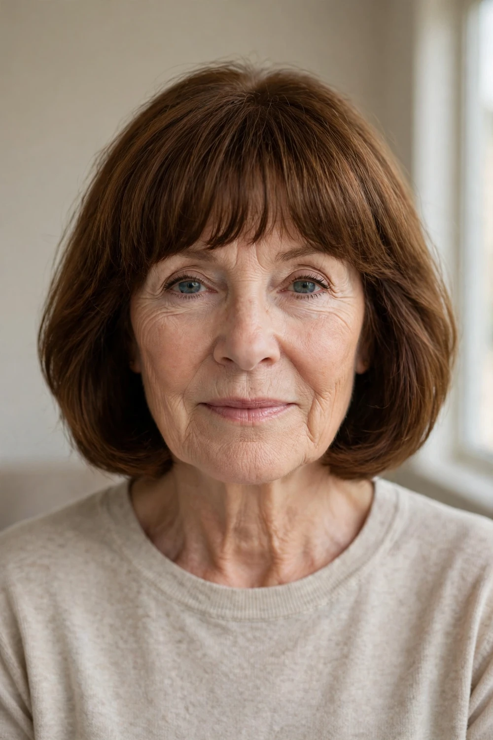 Woman over 50 with brow-grazing bangs on a warm chestnut soft bob