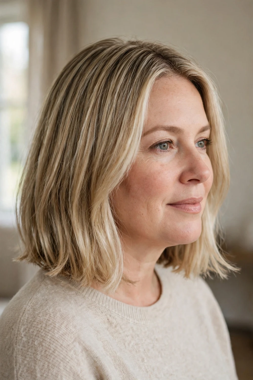 Long bob reaching the shoulders for thin hair and round face