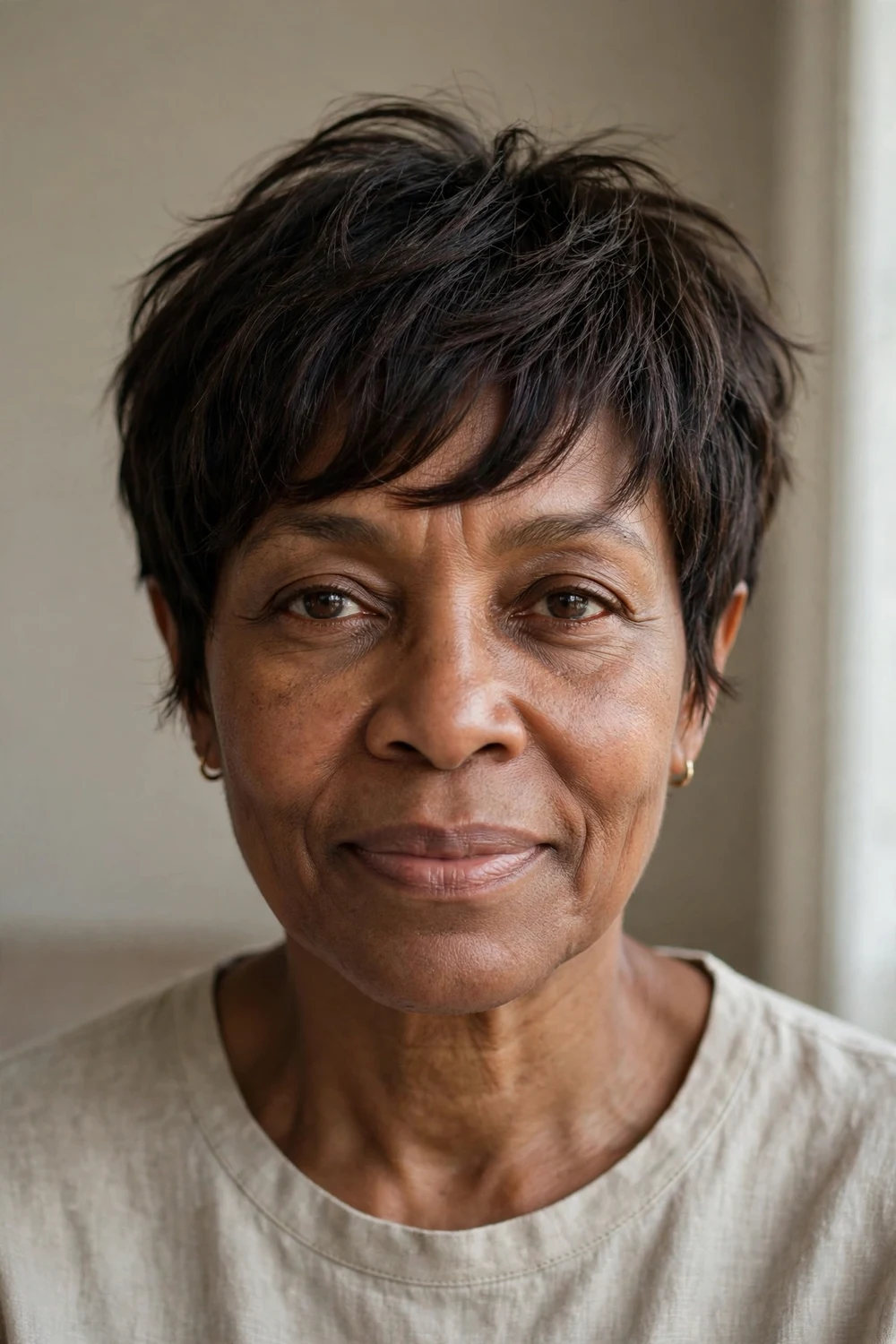 Piecey choppy pixie with side fringe on fine dark hair, woman over 50