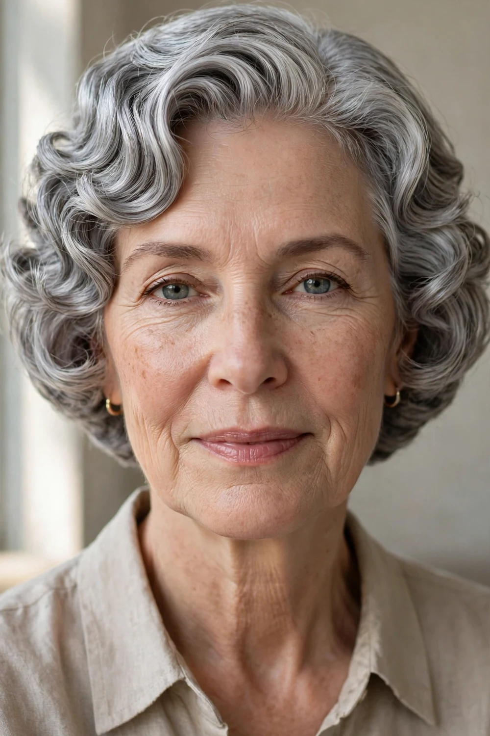 Chin-length sculpted curly bob in silver gray with precise shape