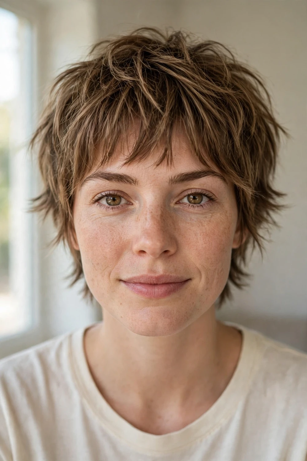 Woman with a shaggy pixie cut with choppy feathered layers and piecey bangs