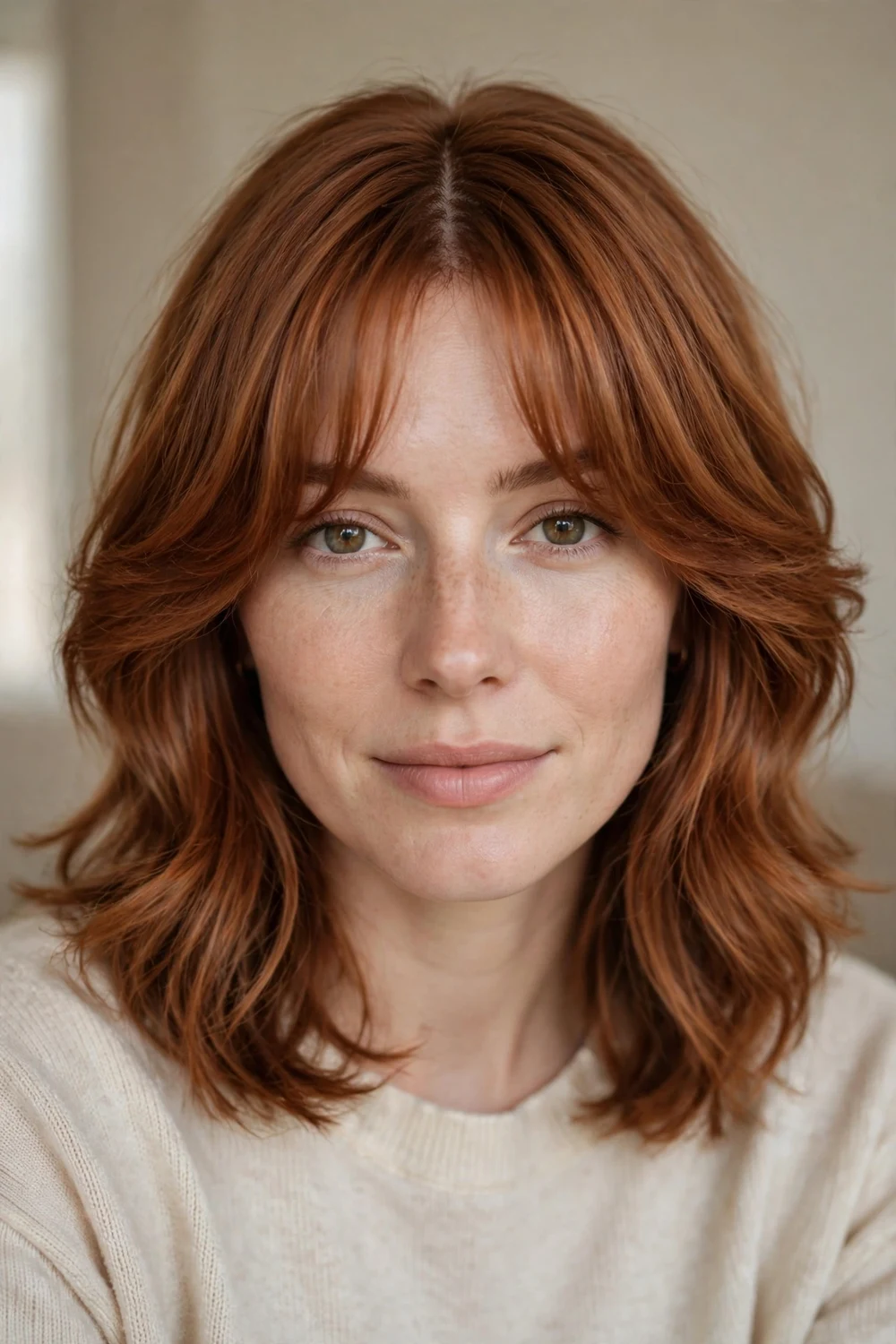 Woman with copper medium-length hair styled with curtain bangs and bouncy soft layers
