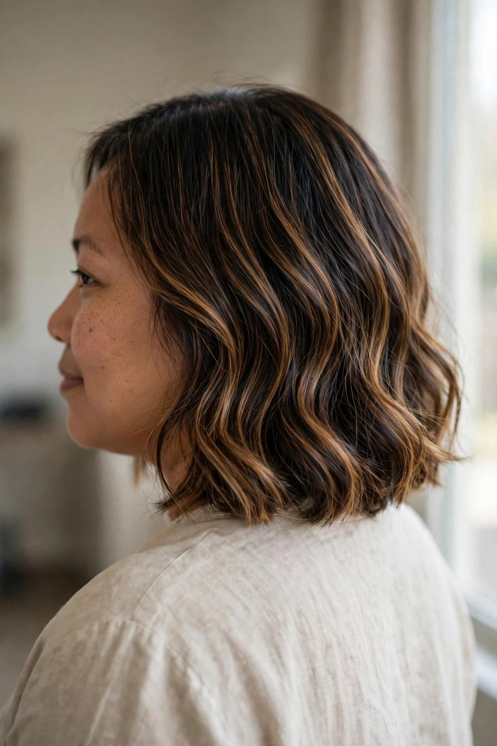 Balayage bob with hand-painted highlights for thin hair and round face