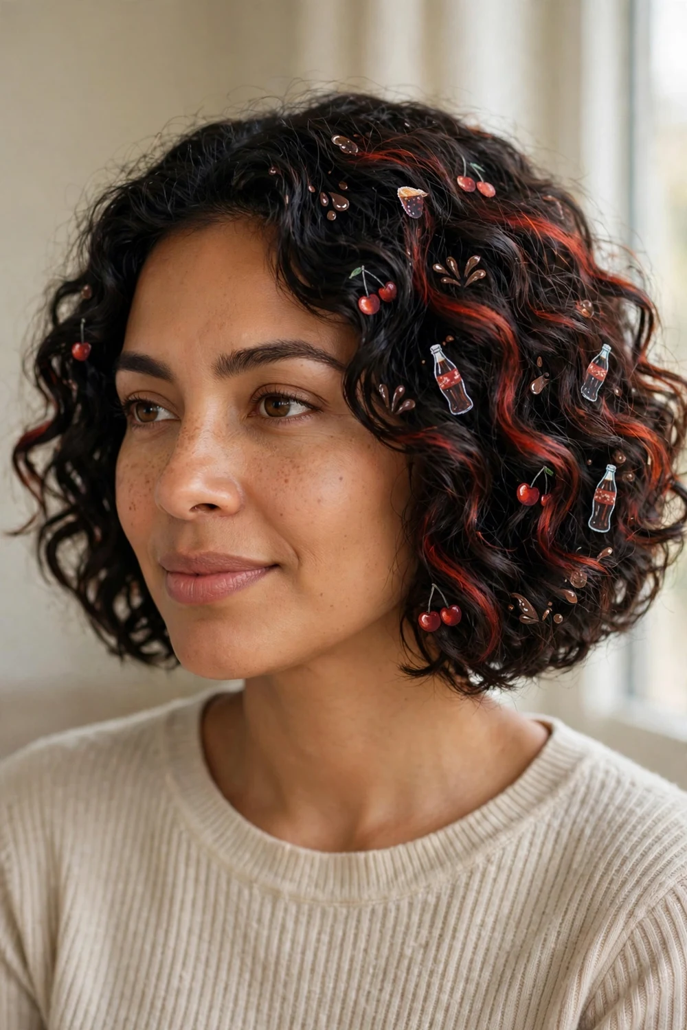 Curly dark bob with scattered cherry cola pieces on the outer curls