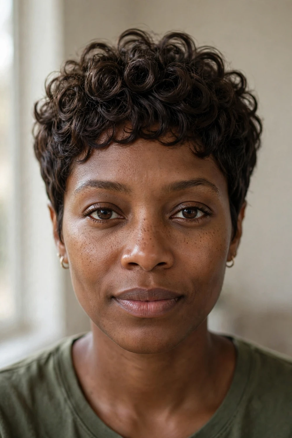 Woman with a curly pixie cut with a rounded crown of defined curls and tapered sides