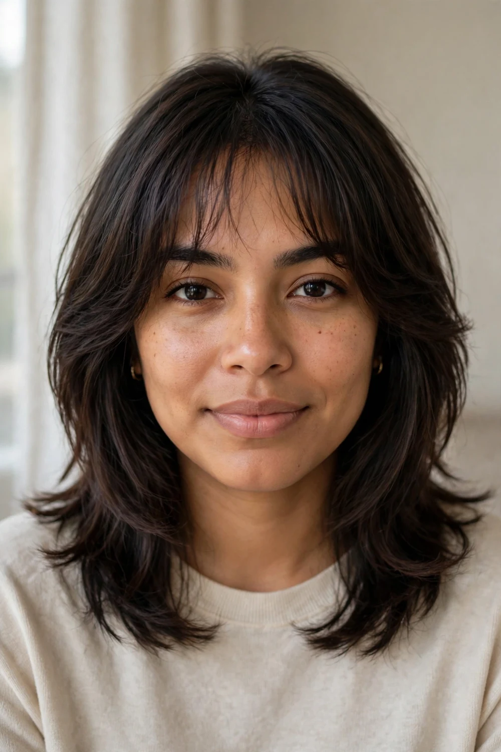 Young woman with dark brown medium-length hair styled with light wispy bangs blended into soft layers