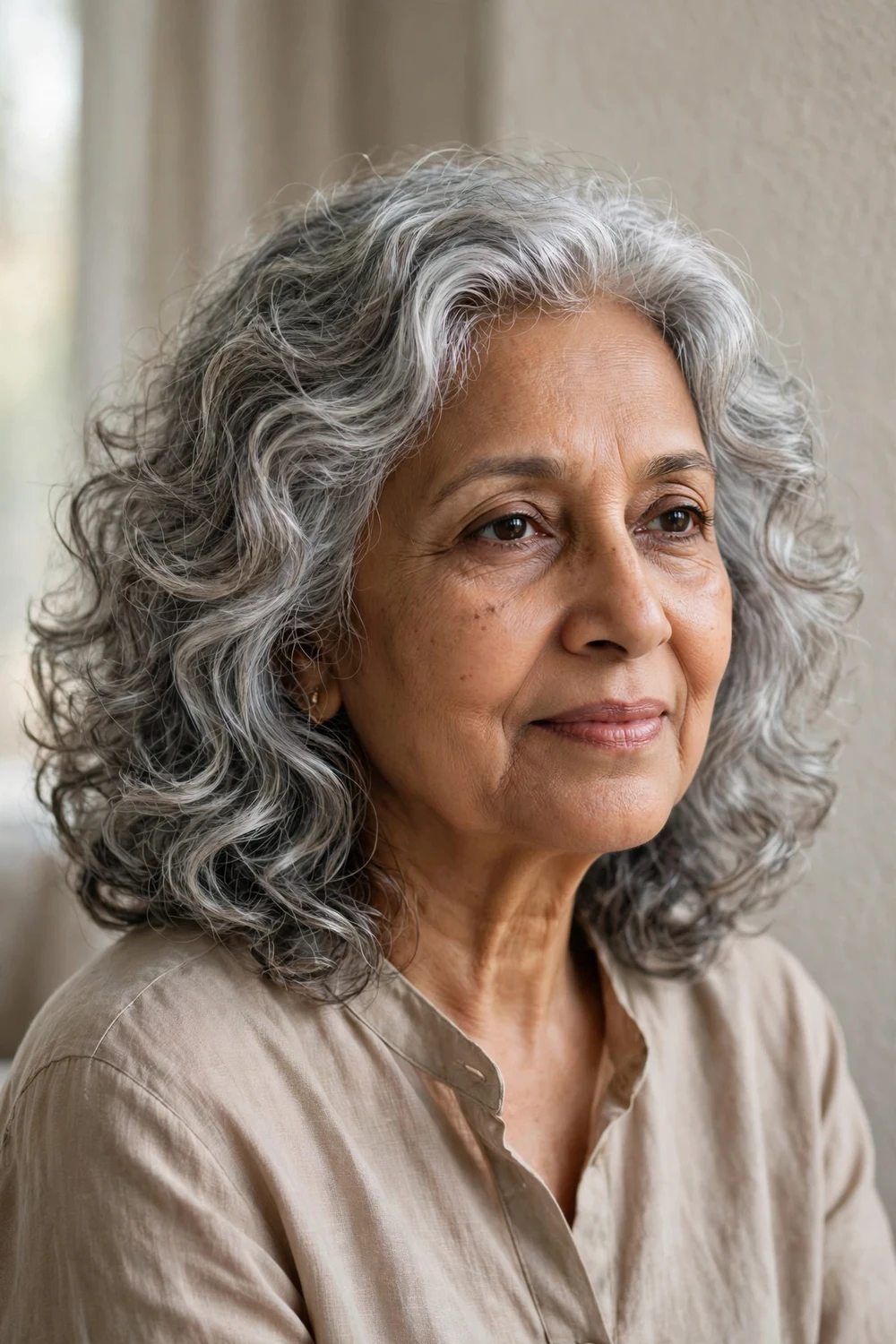 Soft shoulder-length gray curly hairstyle with gentle layers on a mature woman