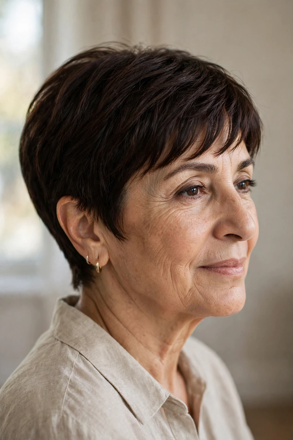 Woman over 50 with tapered bangs blending into a deep brown classic pixie