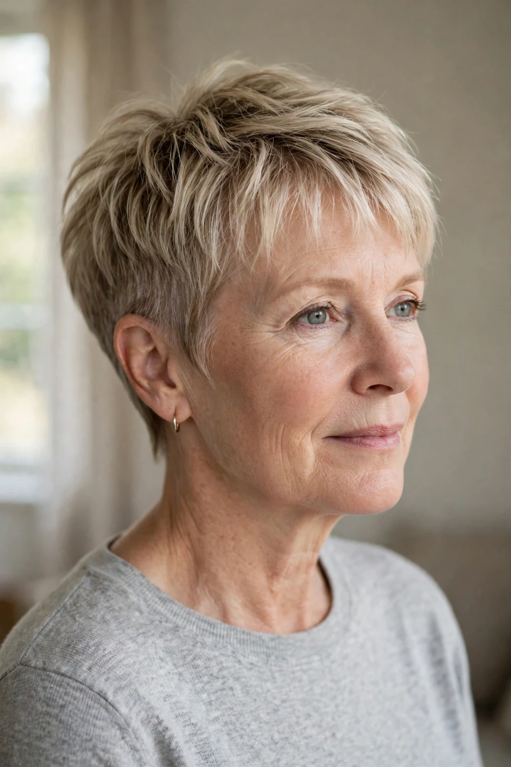 Tapered choppy pixie with crown volume on fine blonde hair, woman over 50