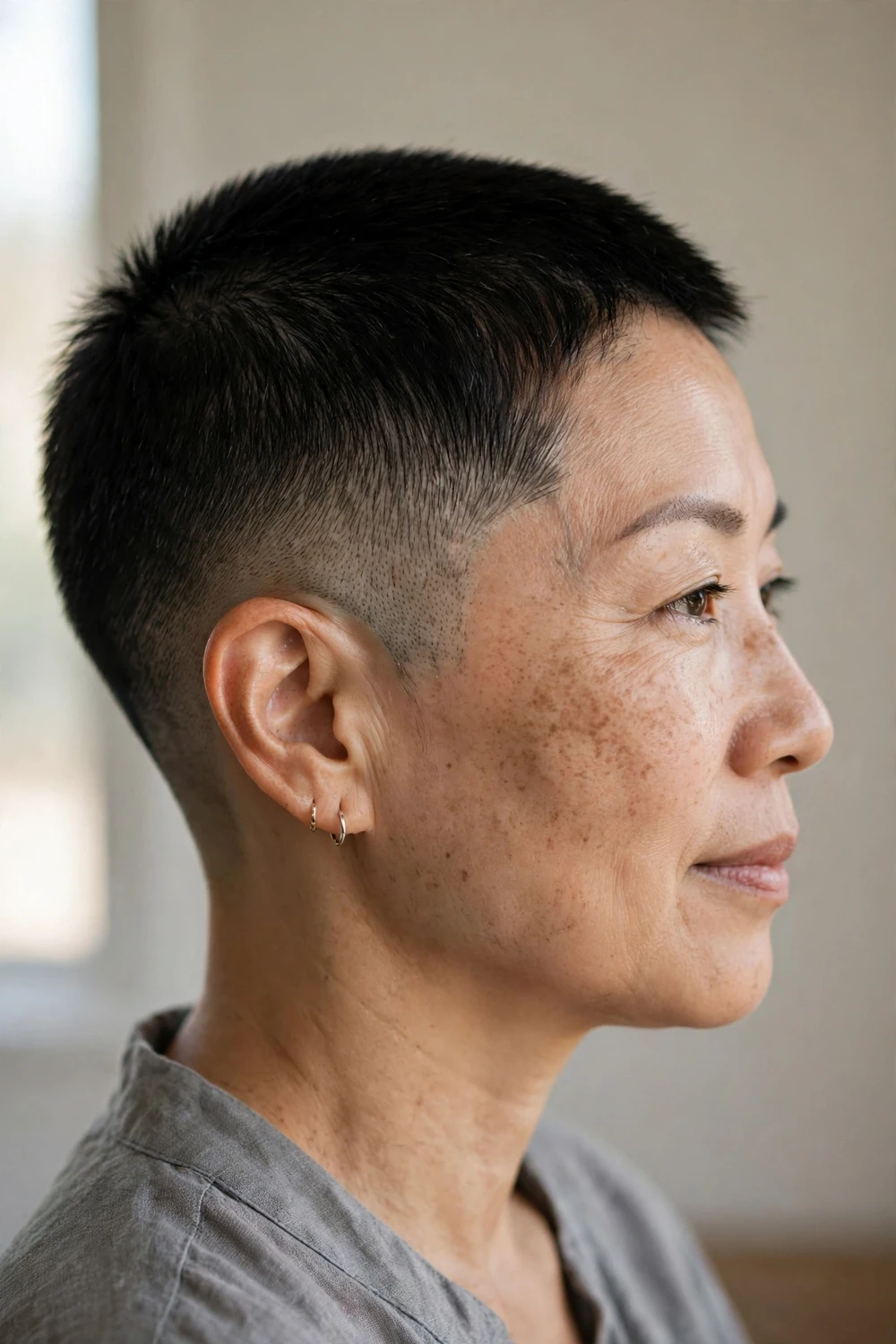 Woman with a buzzed pixie cut with a clean fade on the sides
