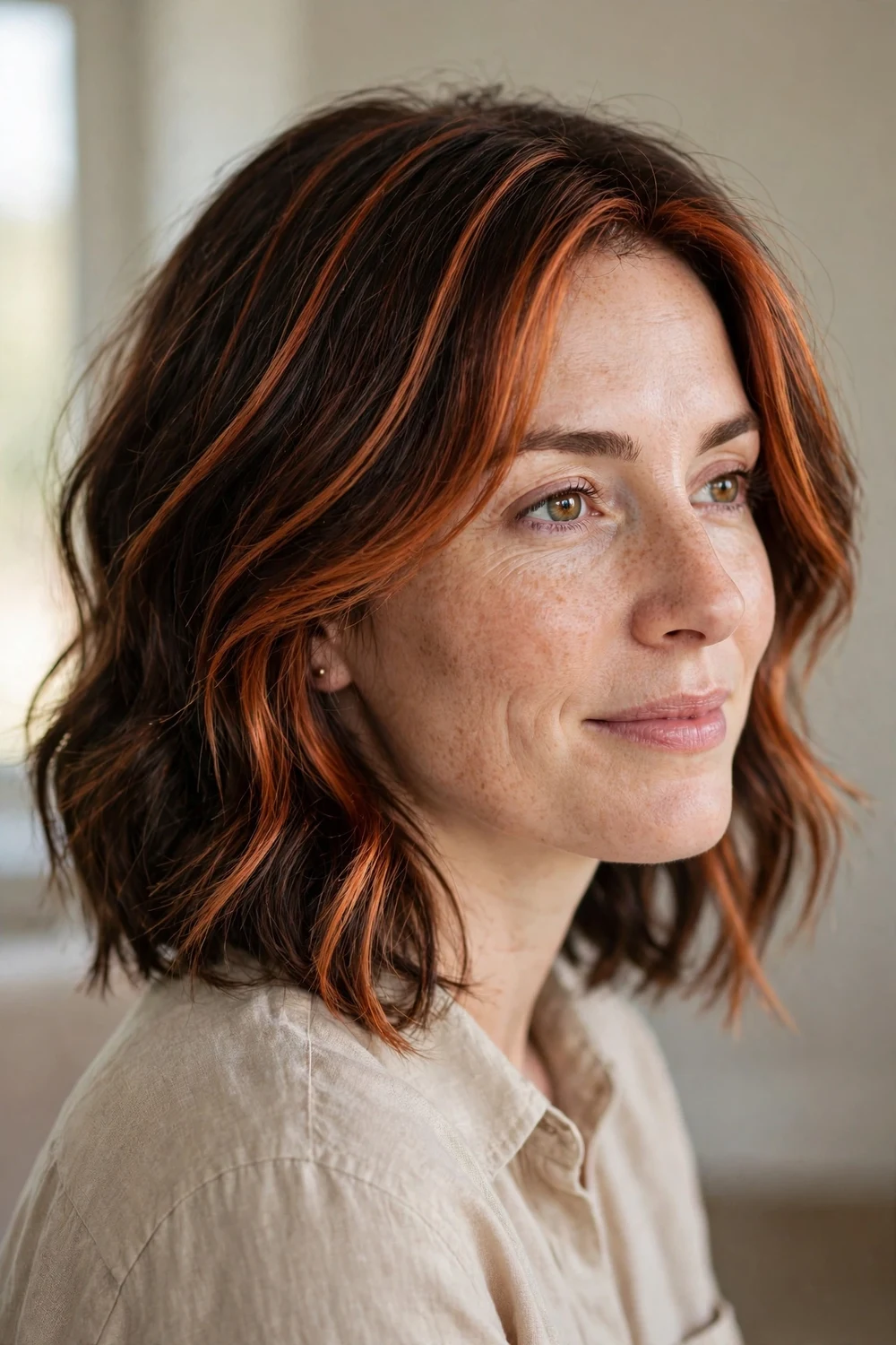 Layered lob with copper balayage streaks