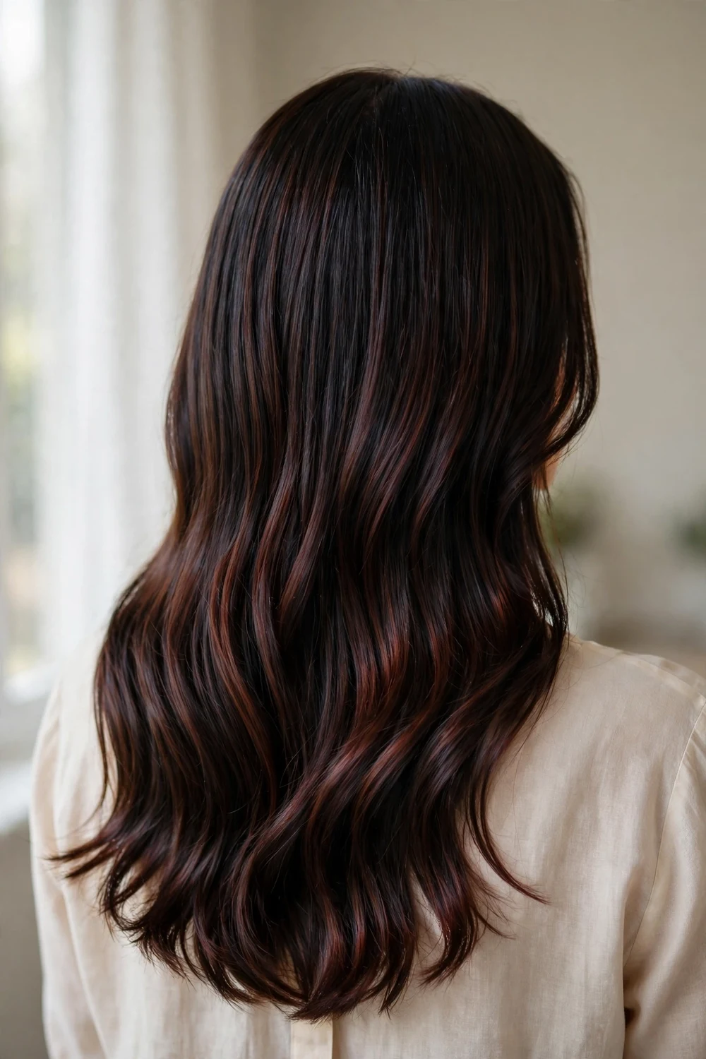 Long polished dark hair with deep cola lowlights and cherry sheen