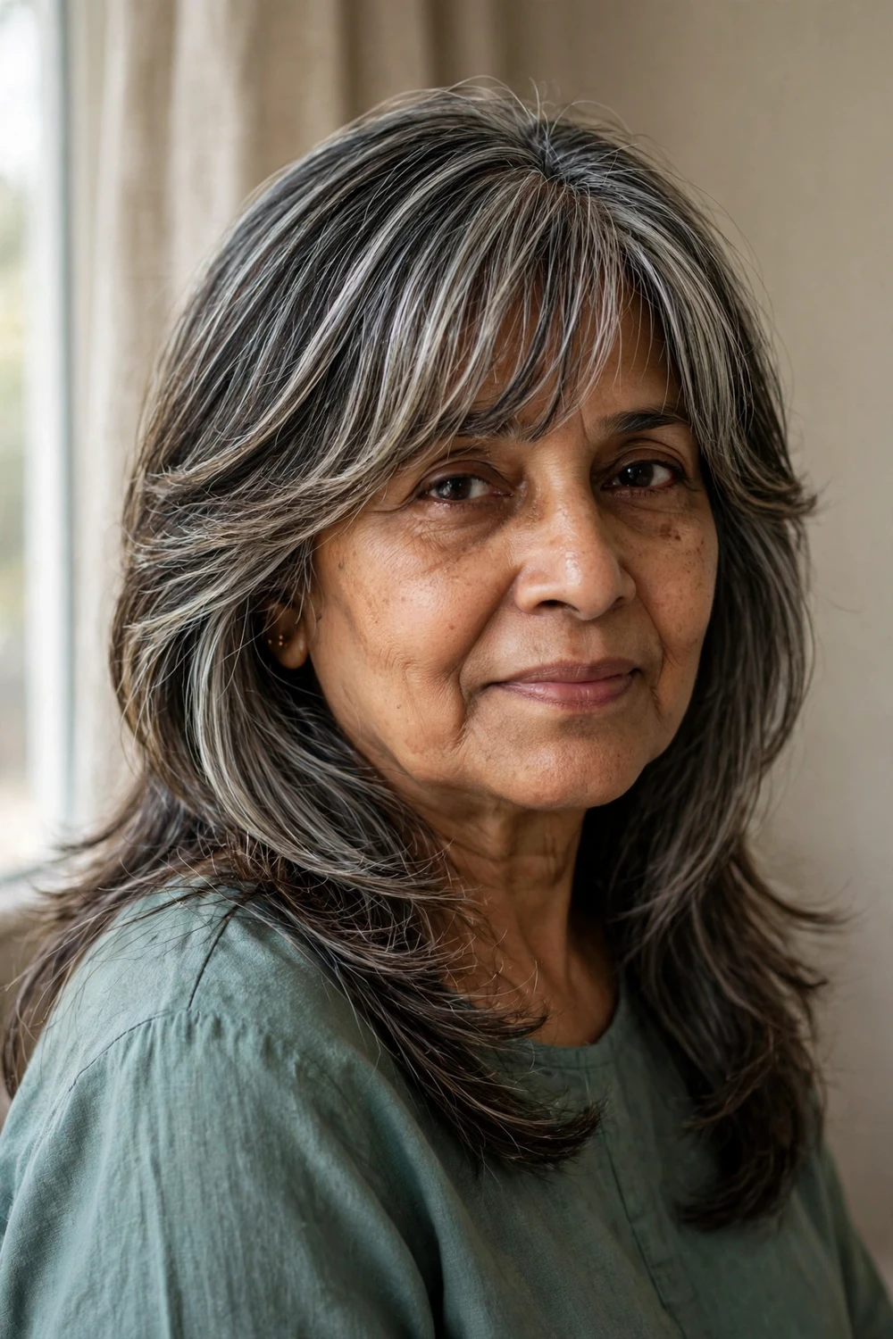 Woman over 50 with long blended bangs melting into salt-and-pepper layered hair