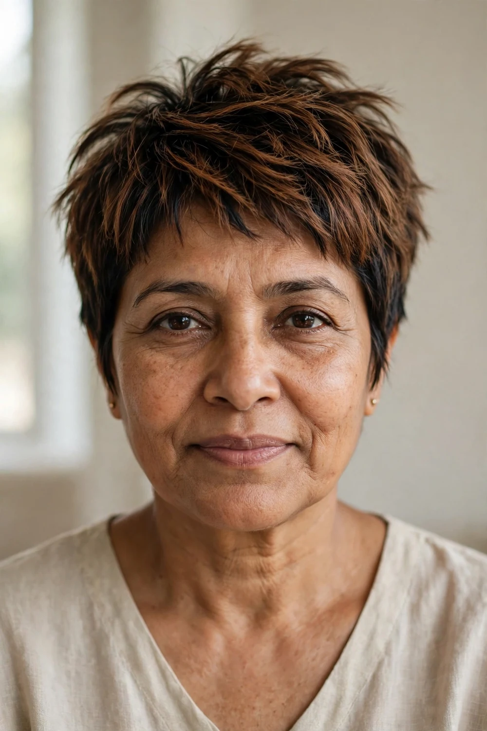 Choppy pixie with root fade on fine dark hair, woman over 50