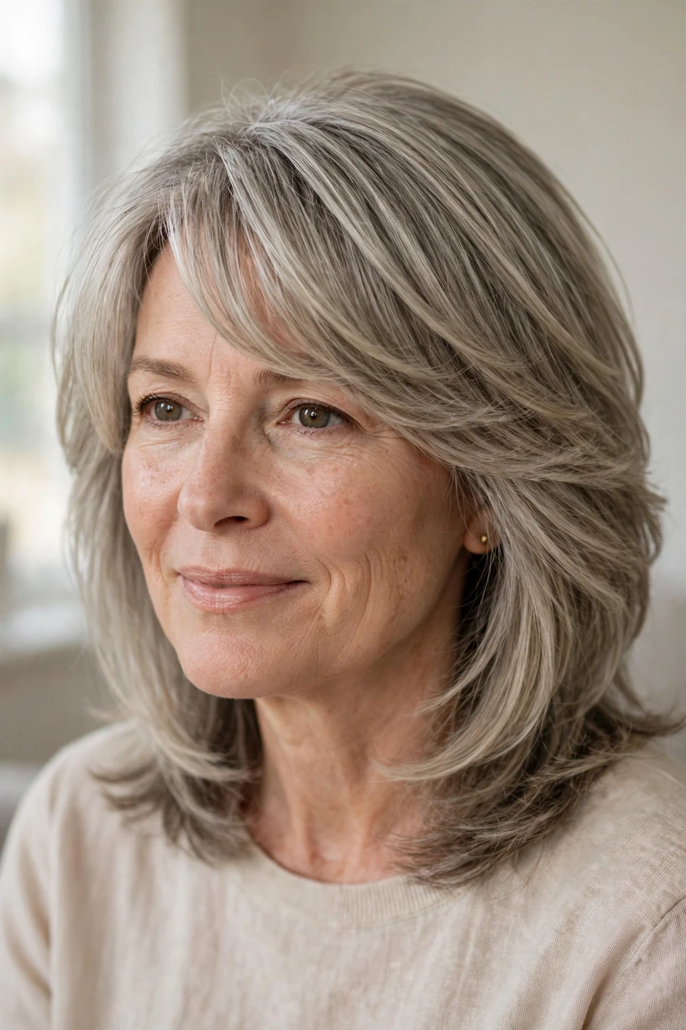 Older woman with gray blonde shoulder-length hair styled with deep side-swept bangs and soft layers