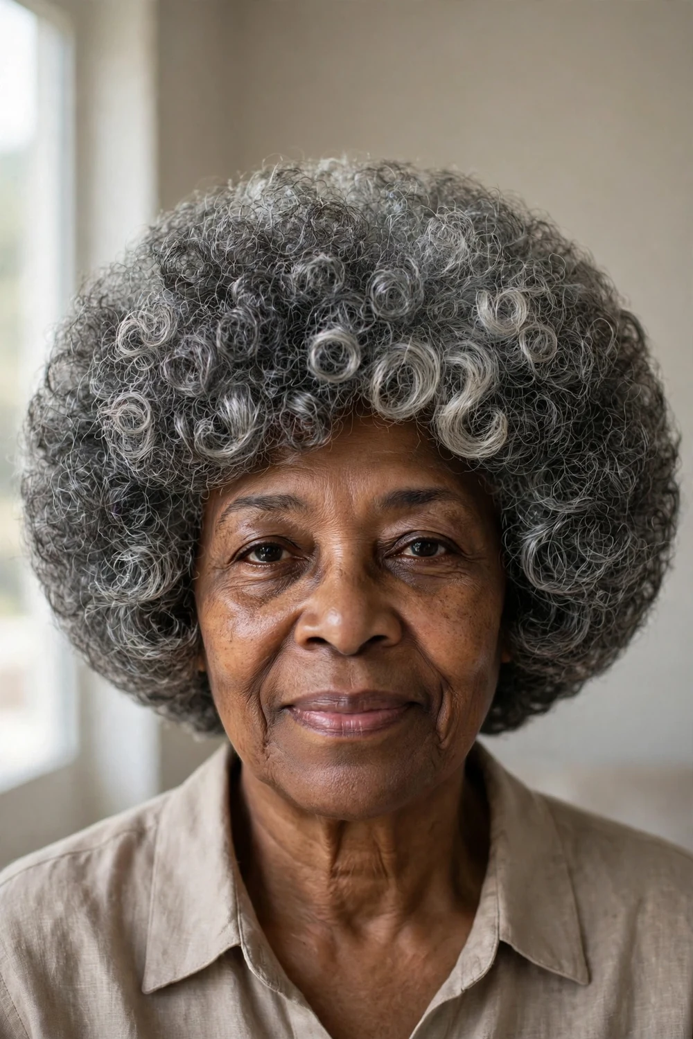 Rounded voluminous gray bob with tight springy coils on an older woman