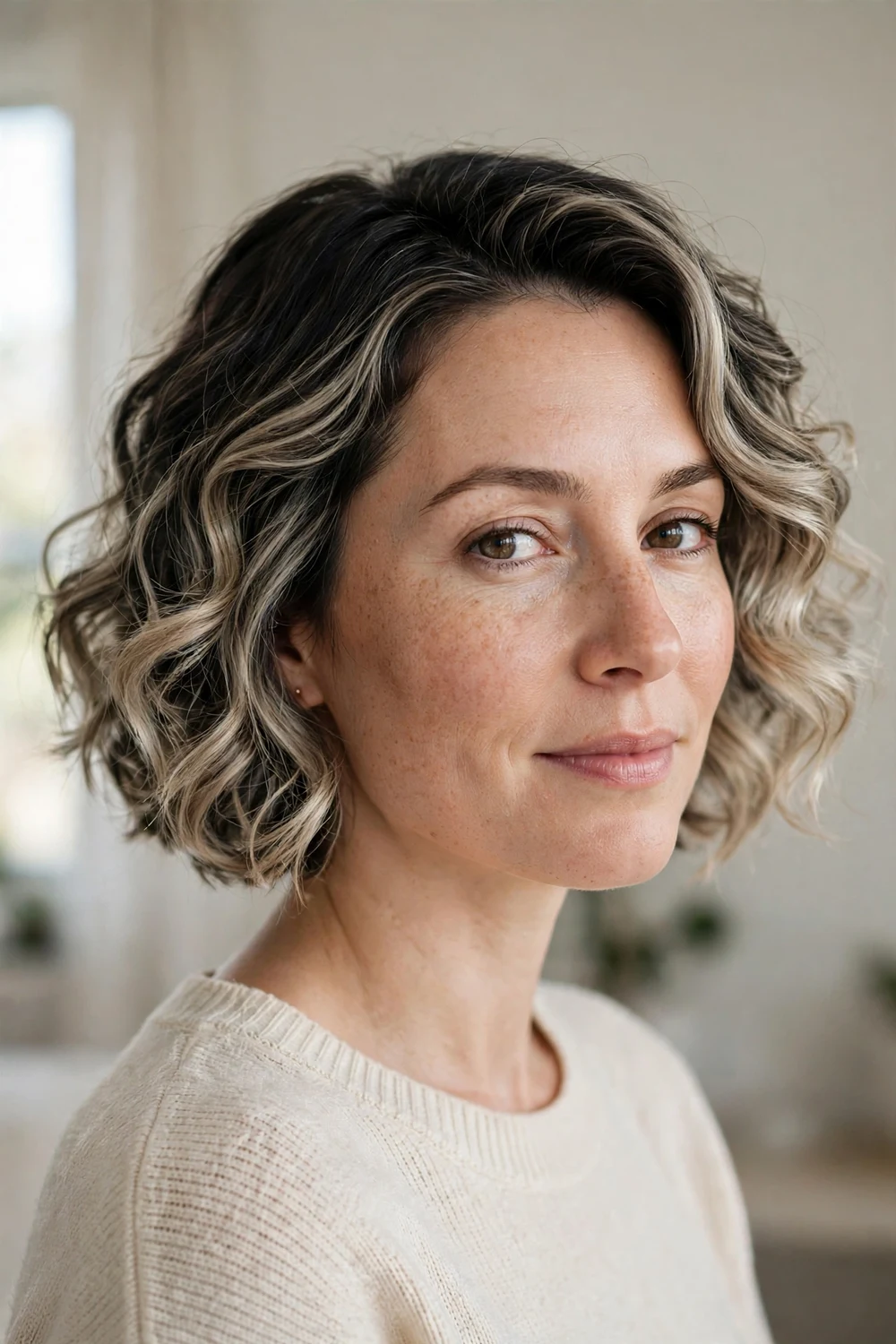 Ash blonde balayage bob with soft curls