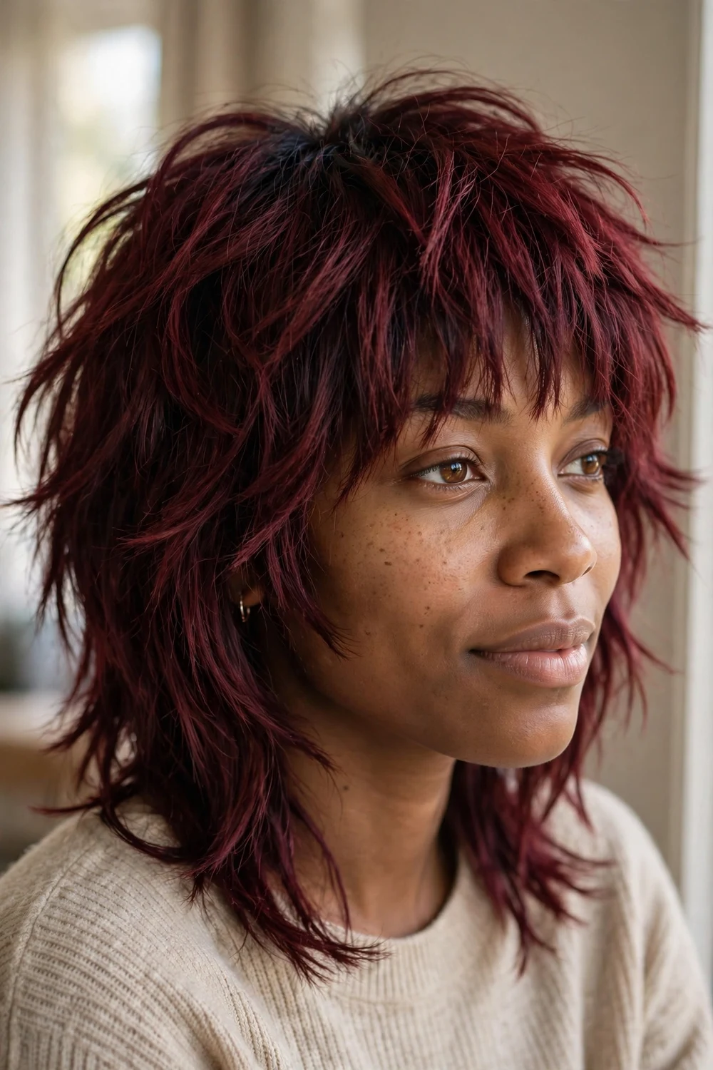 Young woman with burgundy medium-length hair styled in choppy soft layers with textured bangs
