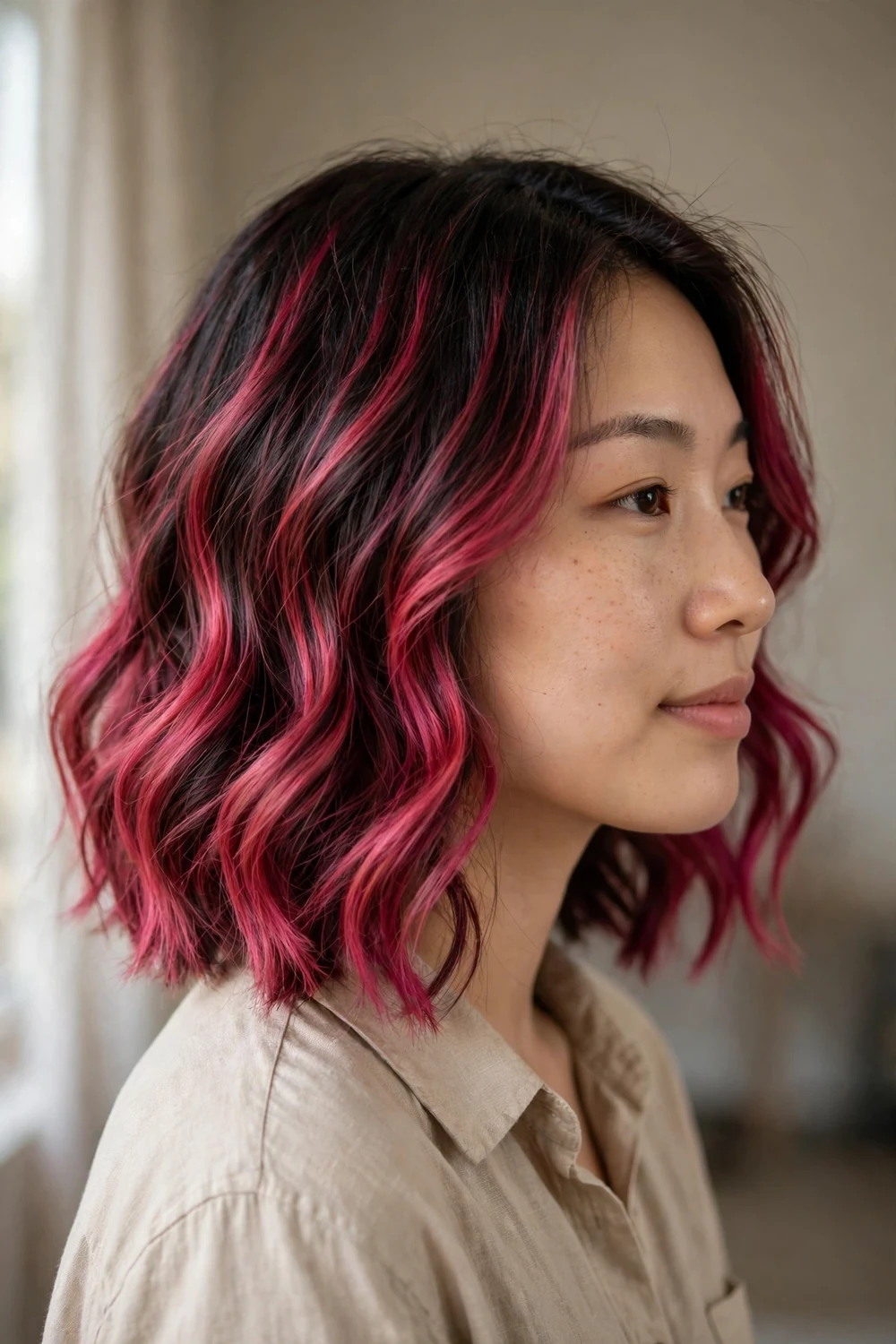 Wavy dark lob with magenta-leaning cherry cola balayage