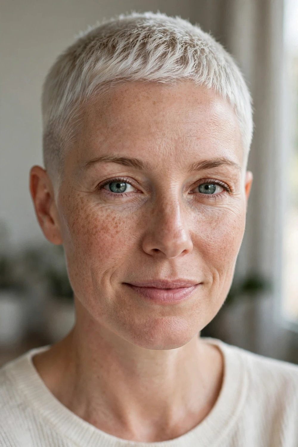 Woman with a platinum blonde buzz pixie cut with a soft fade