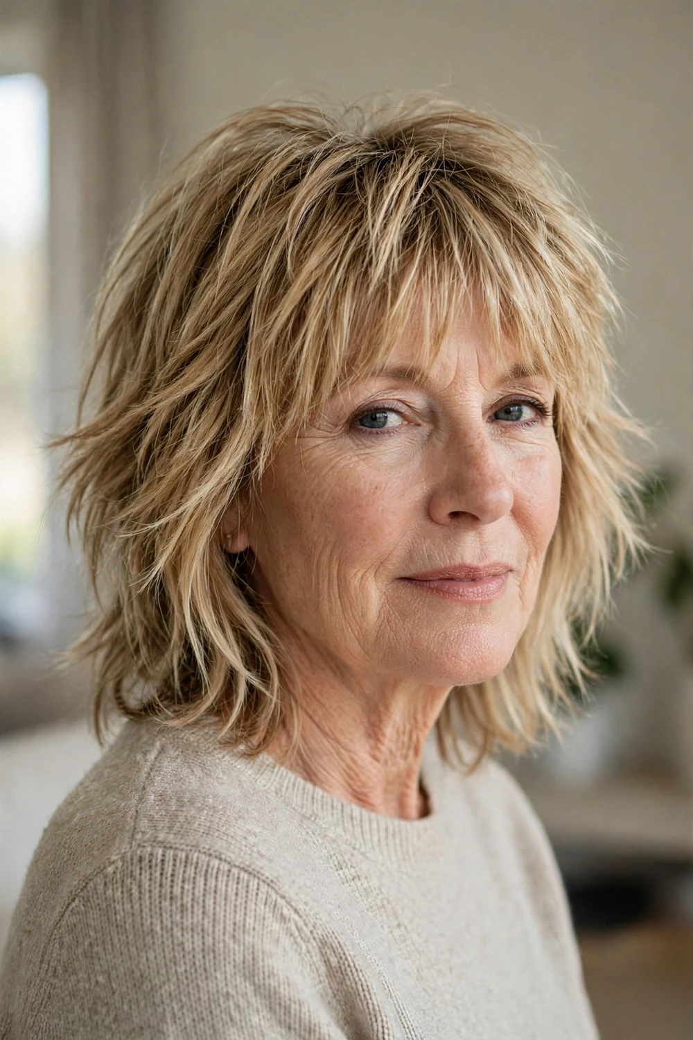 Woman over 50 with shaggy tousled bangs on a sandy blonde medium shag