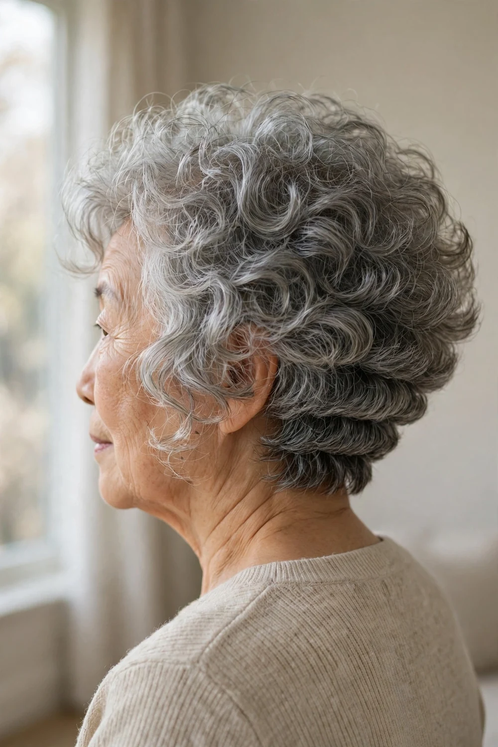 Stacked silver bob with graduated layers and curly texture at the nape